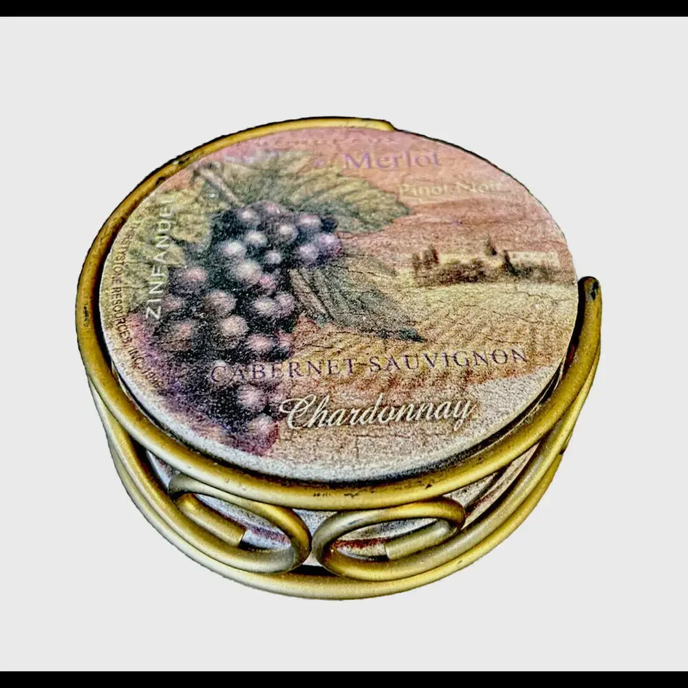 🌼Great Gift 🎁 Set Of 4 Wine Decorated Coasters In A Holder